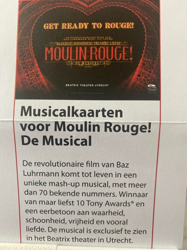 4 x Musical kaarten voor Moulin Rouge, 7 mei 2026, Tickets en Kaartjes, Theater | Musical, Drie personen of meer, Mei