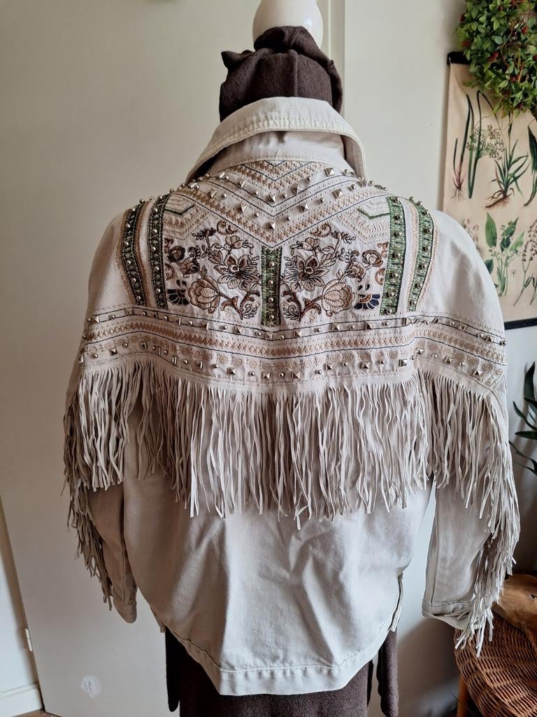 Spijkerjas jas beige franjes ibiza style boho maat s m l xl, Ophalen of Verzenden, Zo goed als nieuw, Maat 38/40 (M), Beige