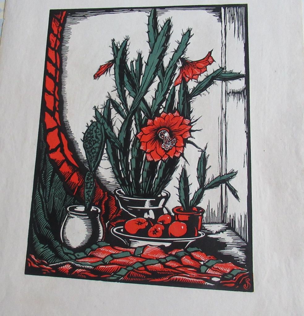 Jan Schonk Cactus, Met monogram, Ophalen of Verzenden, Houtsnede, Flora en Fauna