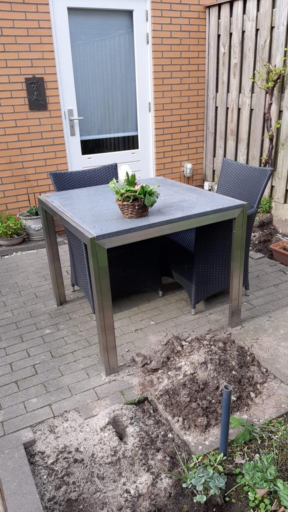 2 RVS tafels met granieten blad, Ophalen of Verzenden, Gebruikt, Vierkant, Rvs