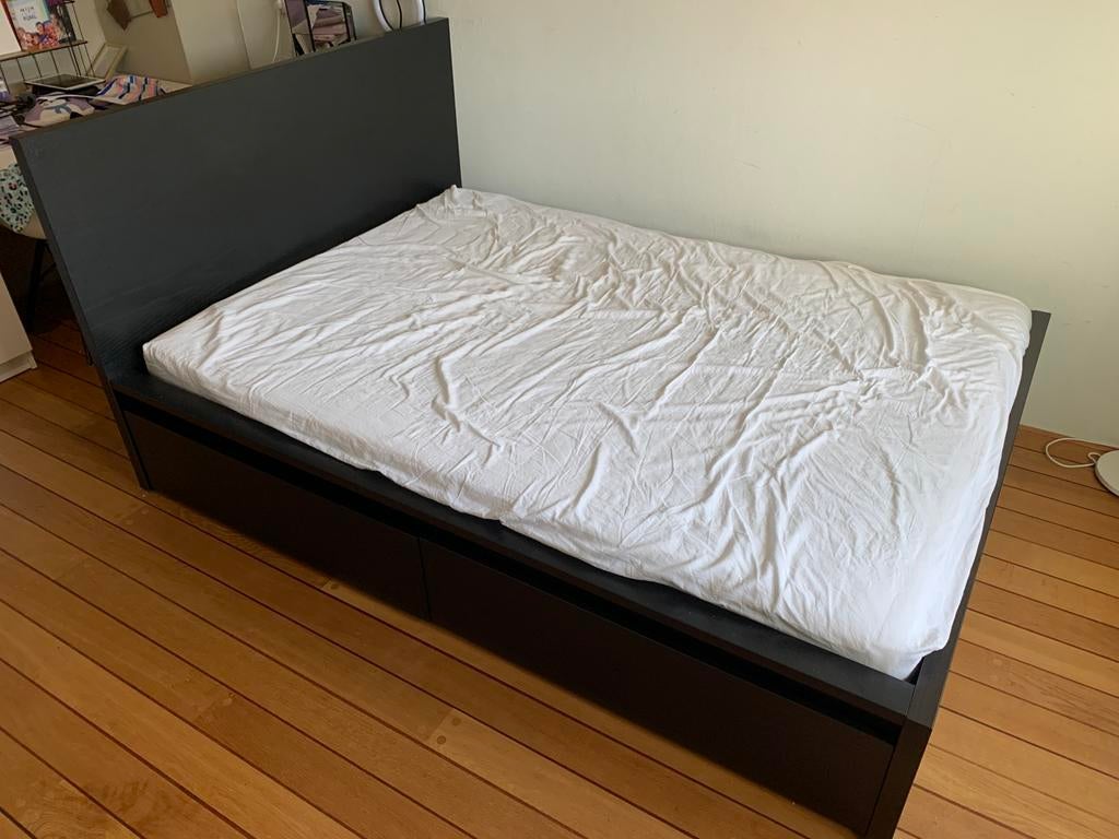 Ikea Malm bed 200 x 140,+bodem+lades+kastje (matras optie), Ophalen, Zwart, Tweepersoons, 140 cm
