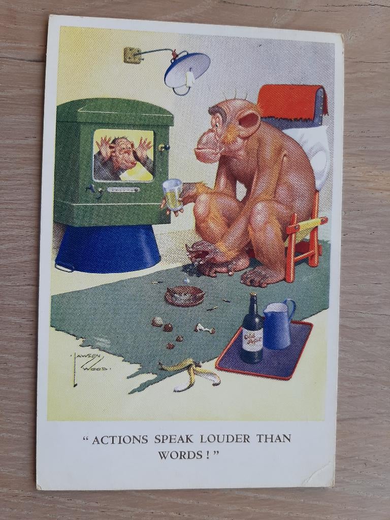 oude kaart Lawson Wood Aapjes TV kijken, 1953, Ophalen of Verzenden, 1940 tot 1960, Gelopen, Overige thema's