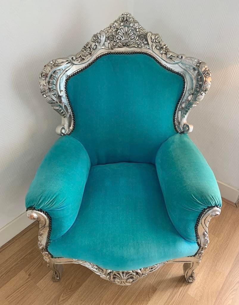 Barok fauteuil zilver blauw, Huis en Inrichting, Fauteuils, Ophalen, Gebruikt, Hout, 75 tot 100 cm