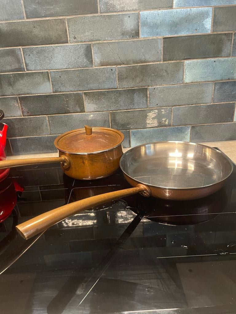 Koper pannenset afgewerkt met RvS, Huis en Inrichting, Keuken | Potten en Pannen, Gebruikt, Keramische plaat, Pannenset, Ophalen of Verzenden