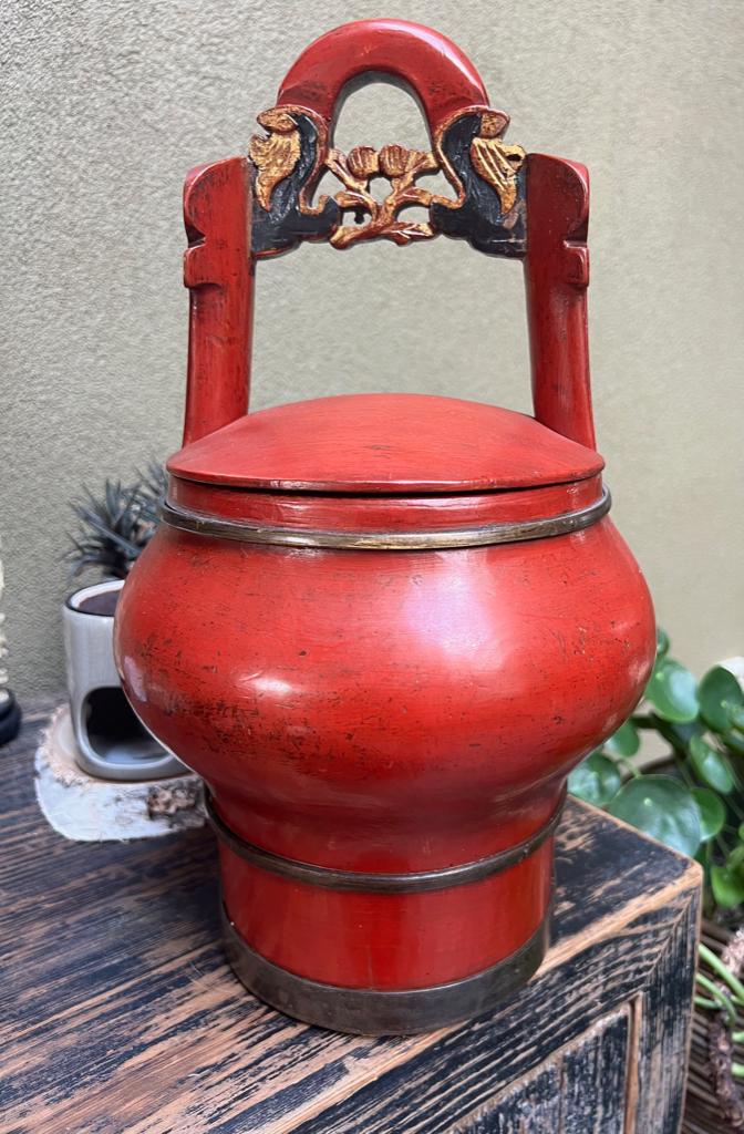 Chinese trouwmand wedding basket chinees houtsnijwerk, Verburgt Vintage, Gebruikt, Mand, Ophalen of Verzenden