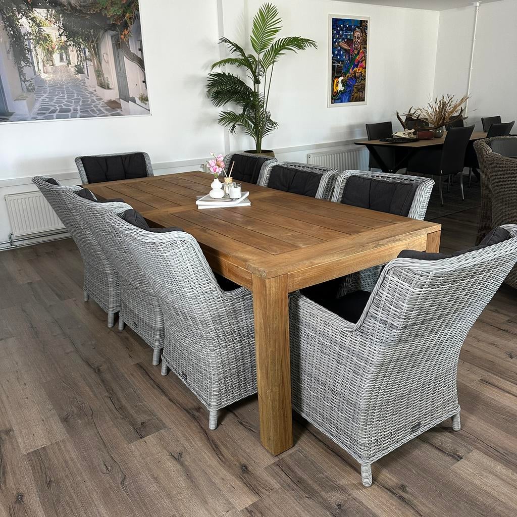 Tuinset – 240x100 cm – 8 wicker stoelen – teakhouten tafel