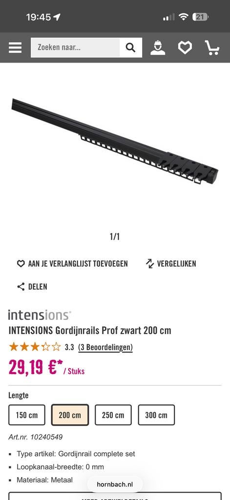 Zwarte Gordijnrails Prof 200 cm, Huis en Inrichting, Ophalen of Verzenden, Nieuw, Zwart, 200 cm of meer