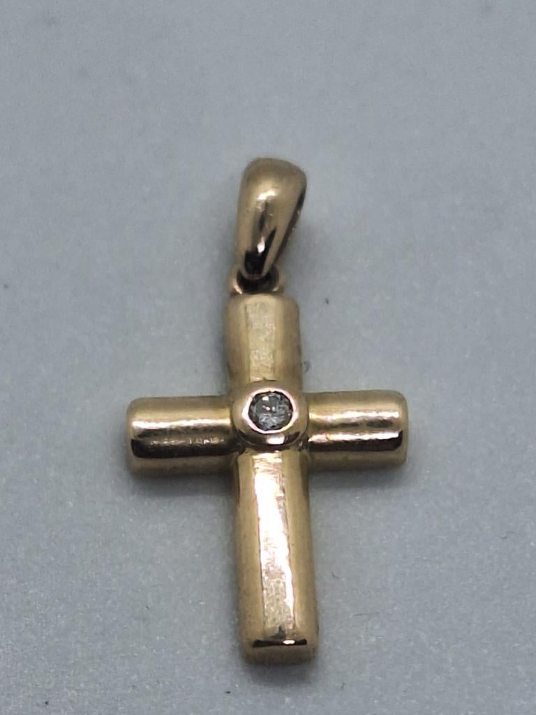 Gouden kruisje 9K met diamant - 2.3 cm - 375 gemerkt, Sieraden, Tassen en Uiterlijk, Kettinghangers, Gebruikt, Ophalen of Verzenden