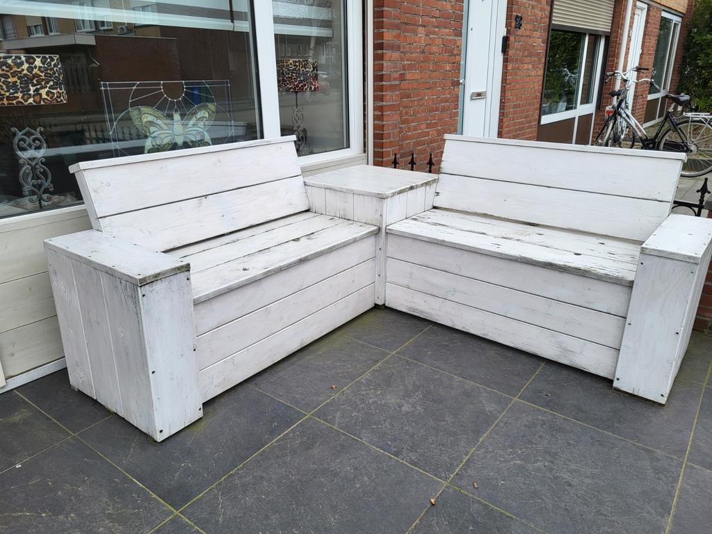 Degelijke steigerhouten hoekbank, Ophalen, Gebruikt, 6 zitplaatsen, Steigerhout