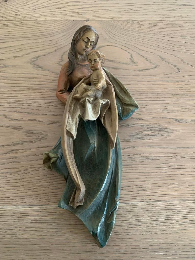 Geperst Hout beeld Maria met kindje Jezus, Antiek en Kunst, Antiek | Religie, Ophalen of Verzenden