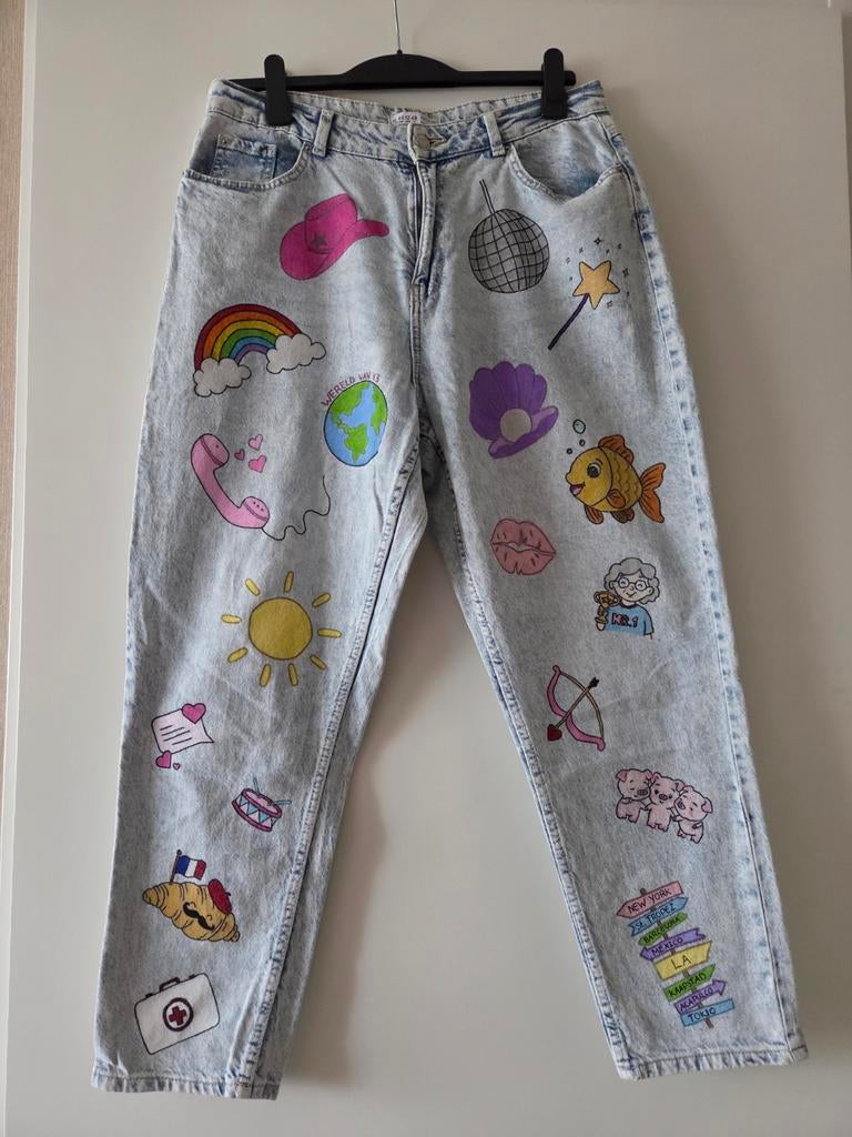 Zelfbeschilderde K3 OG broek - Reünieconcert maat L/XL, Blauw, Maat 42/44 (L), Ophalen of Verzenden, Lang