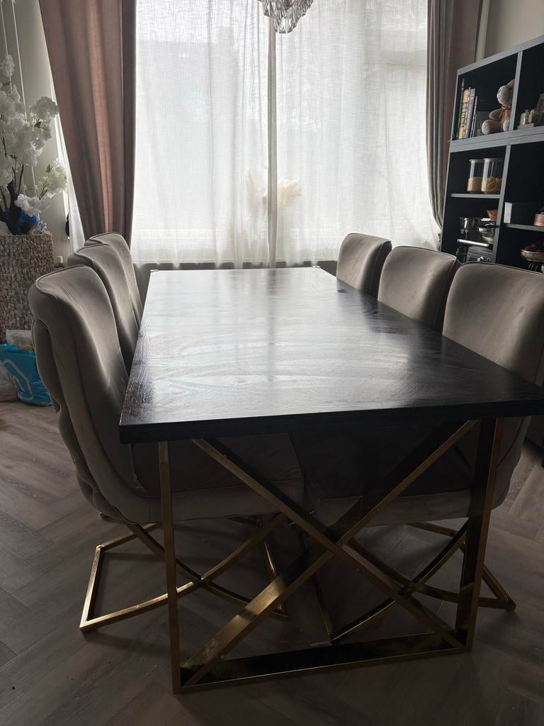 Rechthoekige eettafel met 6 stoelen, Overige houtsoorten, Gebruikt, 200 cm of meer, Vijf personen of meer