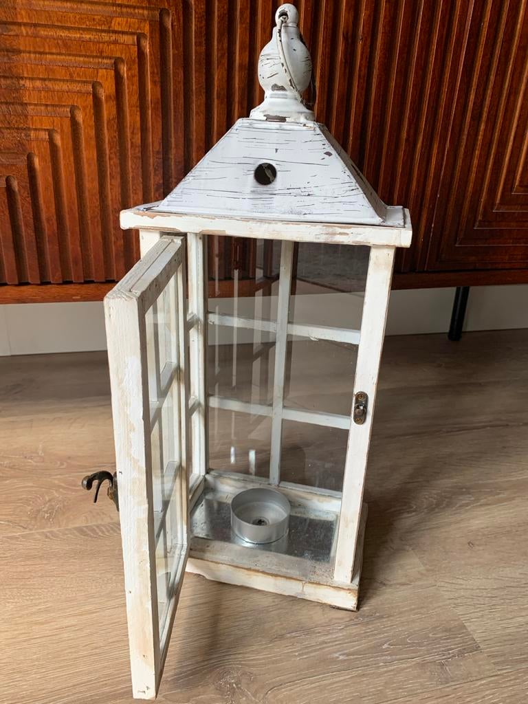 Witte houten lantaarn - Brocante stijl, Hout, Ophalen of Verzenden, Wit, Gebruikt