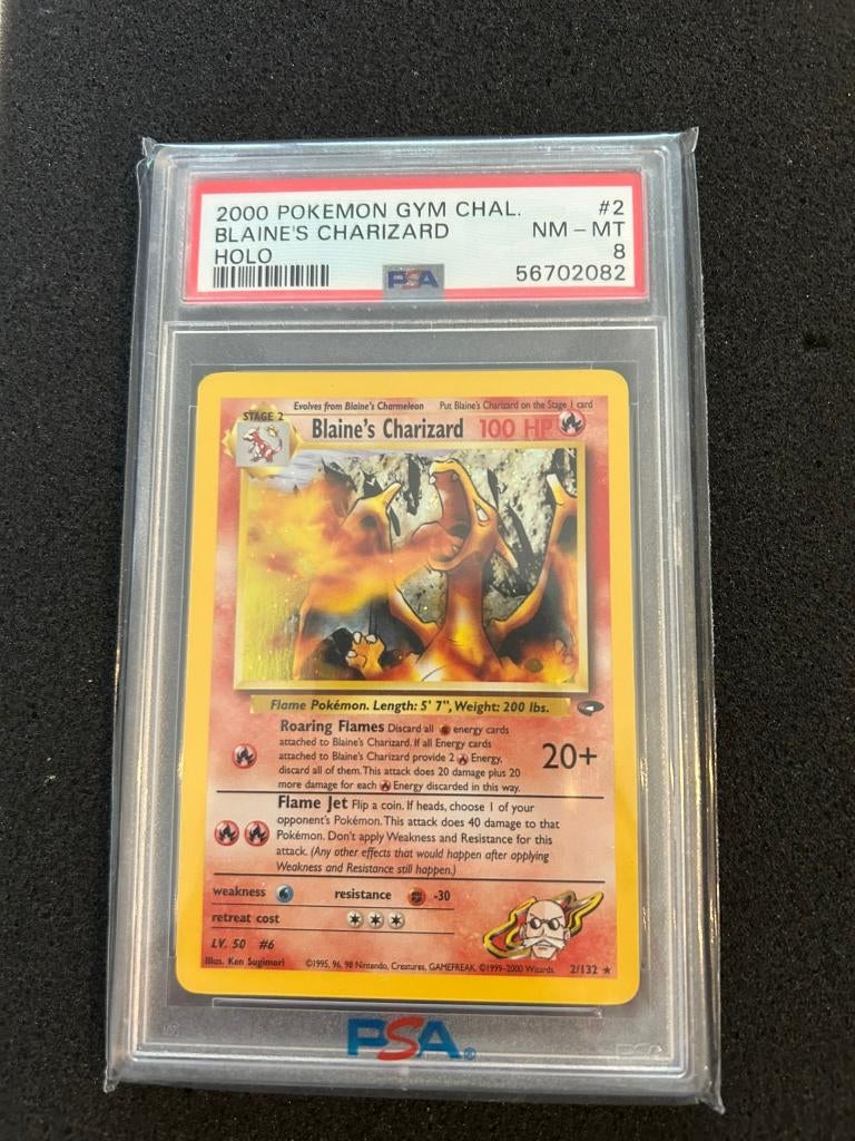 2/132 blaine's charizard psa 8, Hobby en Vrije tijd, Verzamelkaartspellen | Pokémon, Ophalen of Verzenden, Zo goed als nieuw, Foil