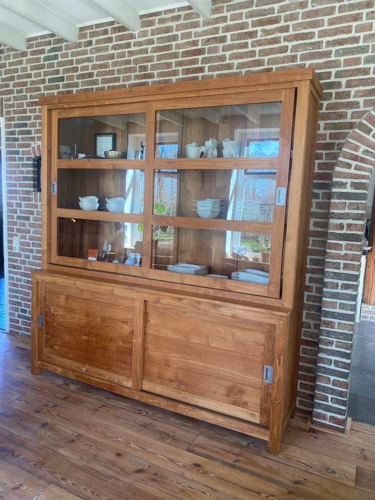 Teak Houten vitrinekast servieskast met glazen schuifdeuren, Huis en Inrichting, Kasten | Vitrinekasten, Ophalen, 200 cm of meer