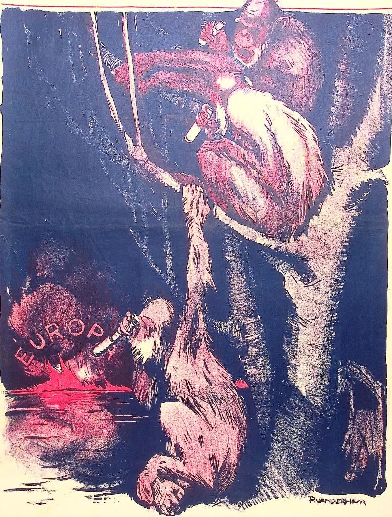 Oorlog in Europa vanuit perspectief van apen op spotprent, Antiek en Kunst, Kunst | Litho's en Zeefdrukken, Ophalen