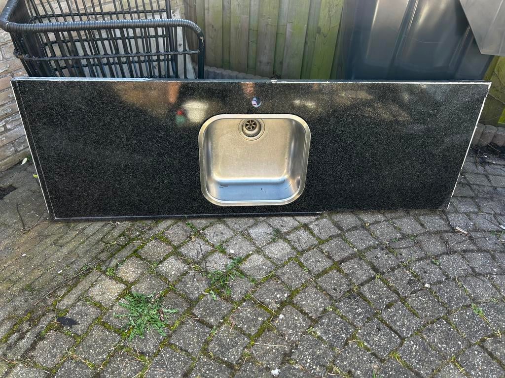 Natuurstenen keukenblad (3 delen) + extra stukken, Huis en Inrichting, Ophalen, 150 tot 200 cm, Grijs, Zo goed als nieuw