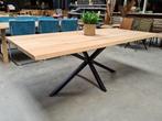 Eiken tafel | Boomstam rand blad + zwarte matrixpoot | ACTIE, Niet ingevuld, 100 tot 150 cm, Landelijk, modern, industrieel, tijdloos