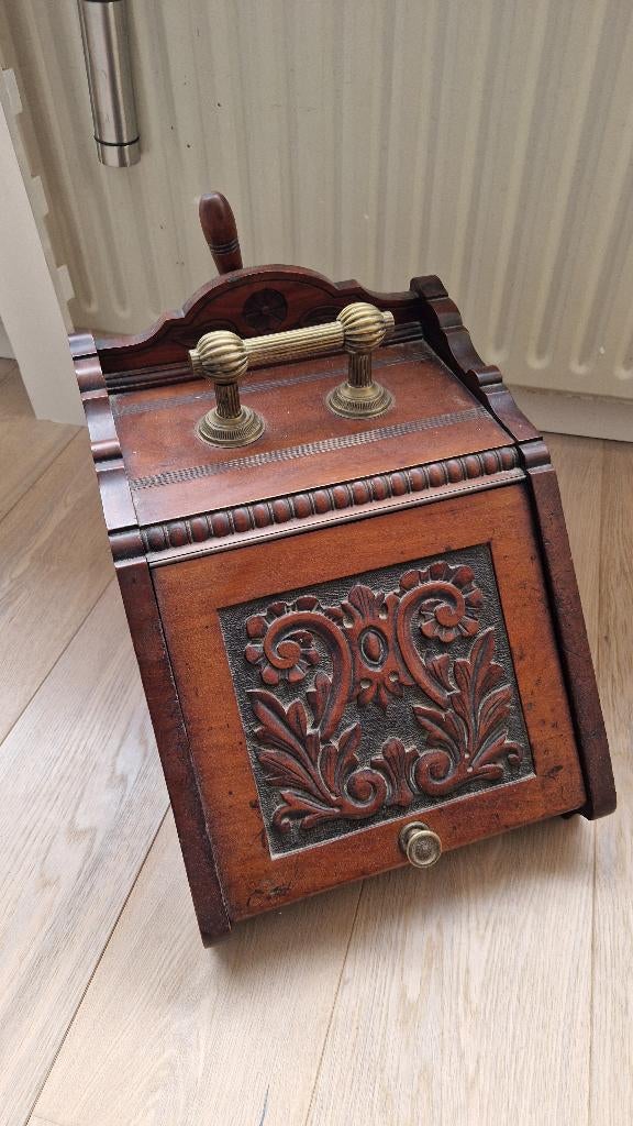 Antiek houten kolenkit met koperen handgreep en schep #136, Ophalen of Verzenden