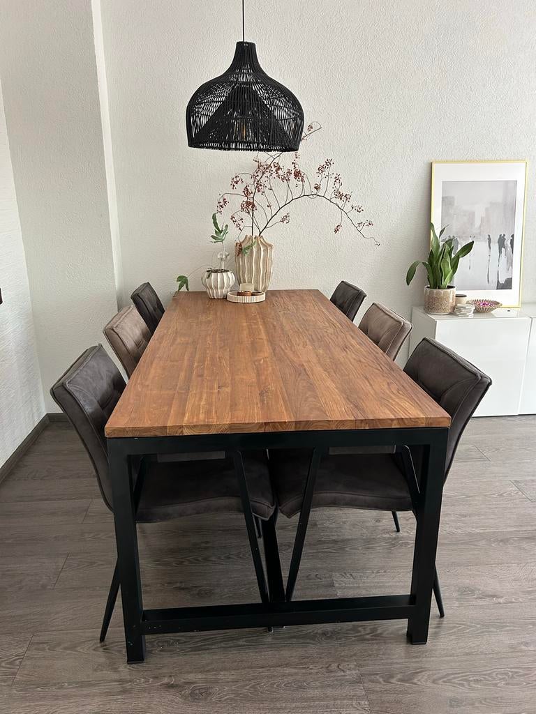Industriële eettafel teakhout met stalen onderstel, Huis en Inrichting, Tafels | Eettafels, Ophalen, Teakhout, 200 cm of meer