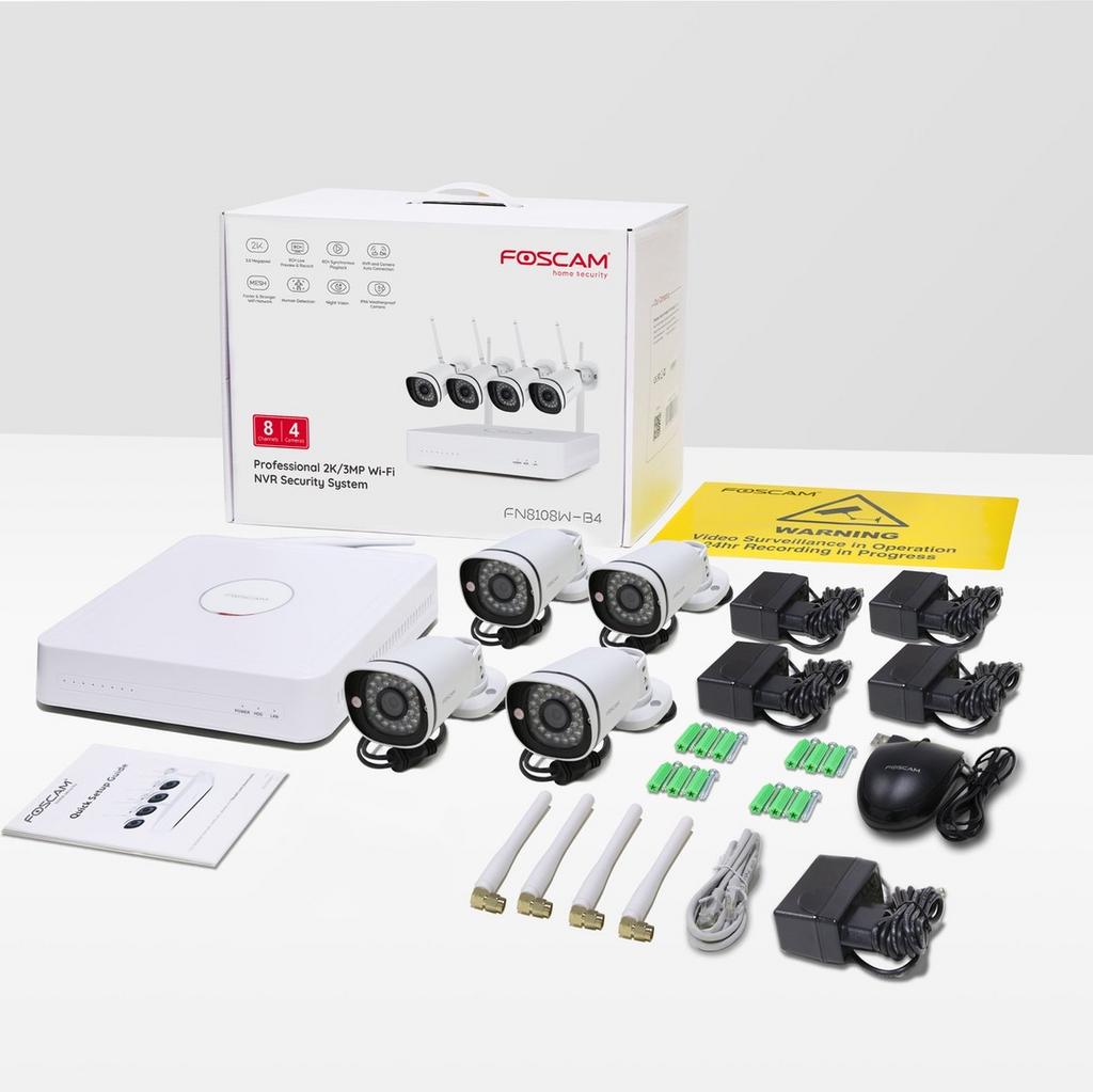 Foscam 2K/3MP Wi-Fi NVR Beveiligingssysteem met 4 Camera's, Audio, Tv en Foto, Videobewaking, Nieuw, Buitencamera, Ophalen