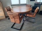 Mooie ronde tafel met 4 lederen stoelen, Gebruikt, Rond, Vier personen, Ophalen
