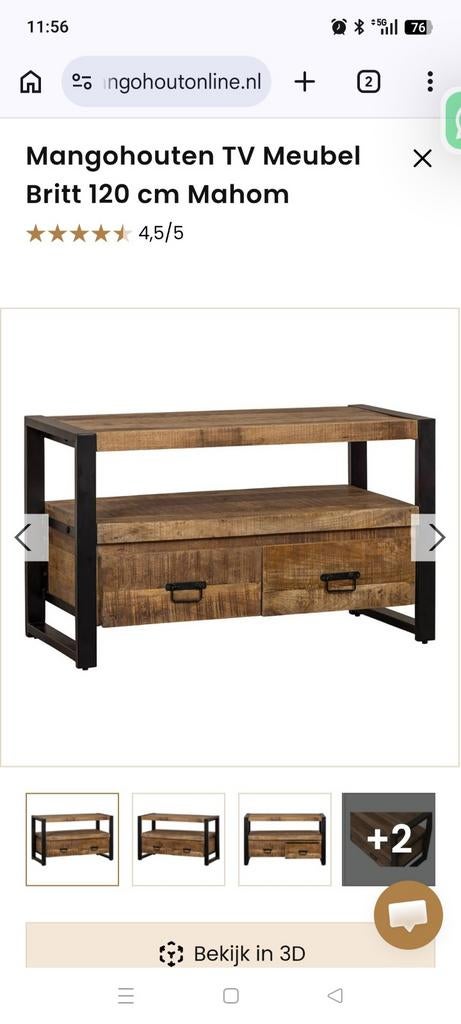 Mangohouten TV Meubel Britt 120 cm, Huis en Inrichting, Ophalen of Verzenden