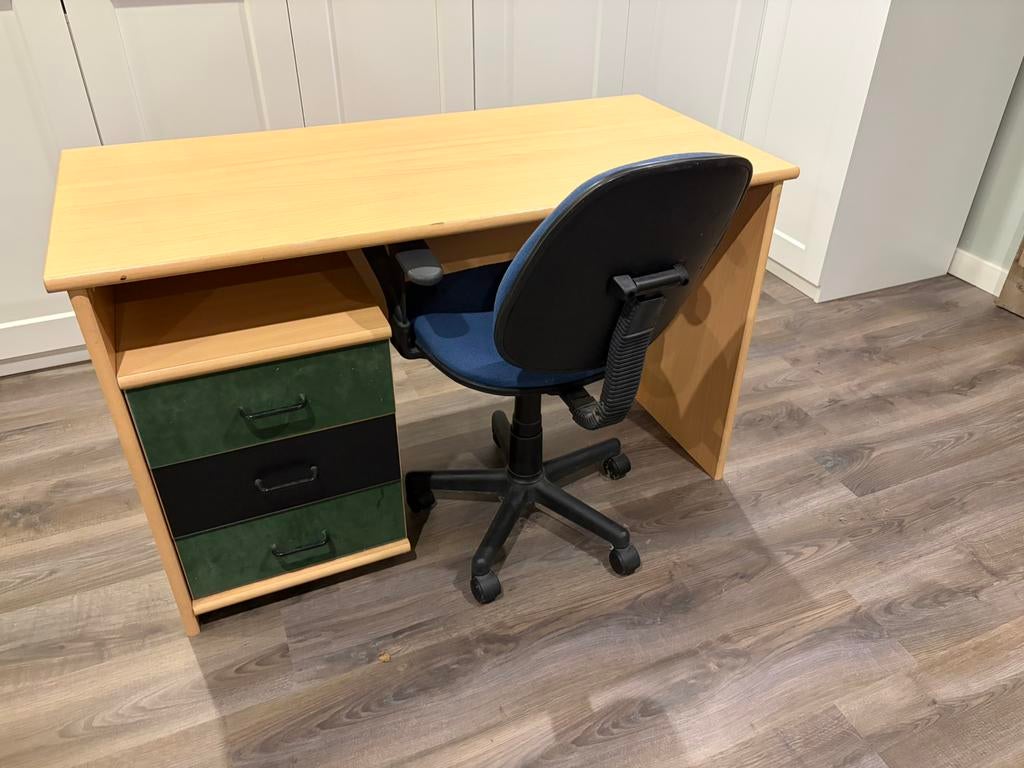 Bureau met ladenblok en bureaustoel, Huis en Inrichting, Bureaus, Ophalen, Demontabel, Scandinavisch, Hout