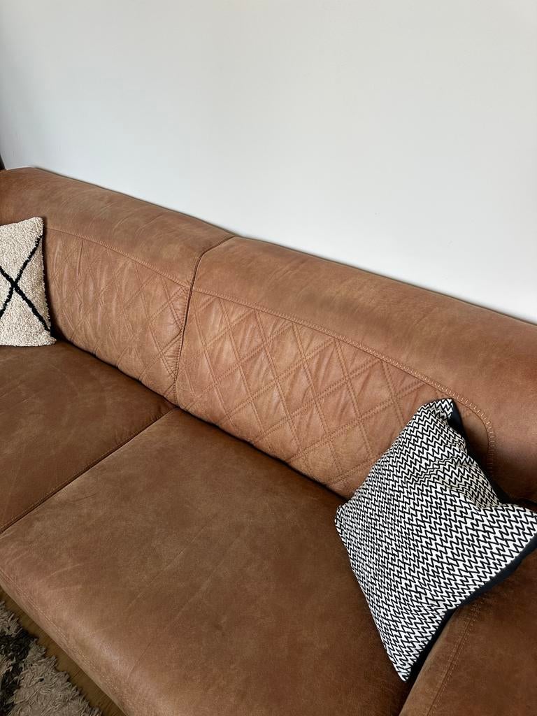 Gratis comfortabele bruine leren bank 227,5 x 92,5, Huis en Inrichting, Banken | Bankstellen, Ophalen, Gebruikt, Rechte bank, Leer