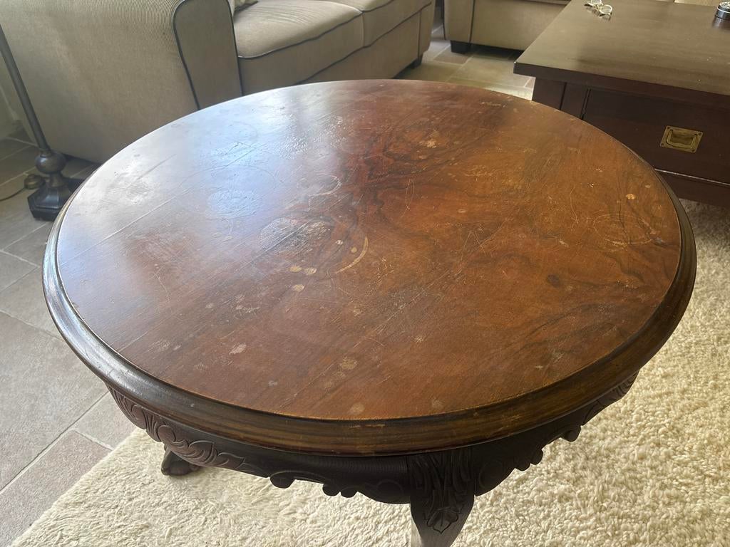 Antieke ronde tafel met houtsnijwerk, Ophalen of Verzenden