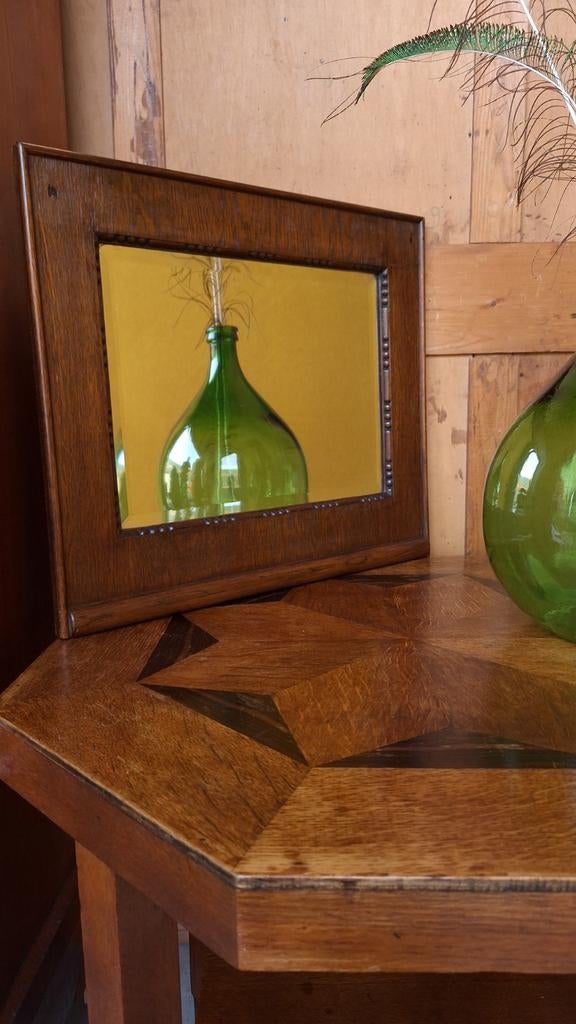 Vintage brocante spiegel, Amsterdamse school stijl, eiken, Minder dan 50 cm, Gebruikt, Vintage, Ophalen of Verzenden