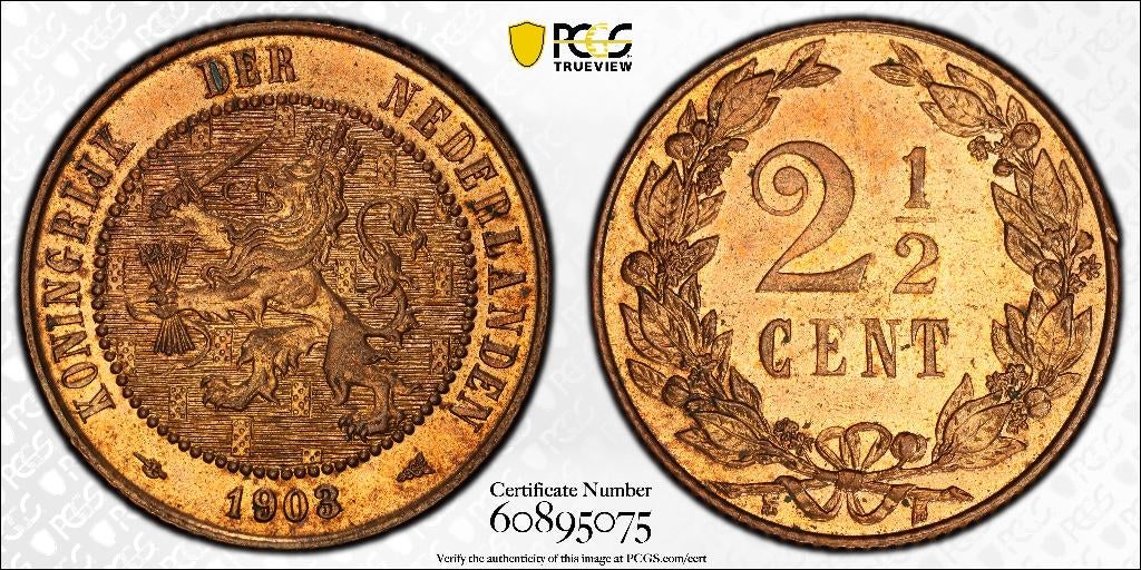 Nederland. Wilhelmina. 2 1/2 Cent 1903 - PCGS MS64RD, Ophalen of Verzenden, Koningin Wilhelmina, Overige waardes, Losse munt