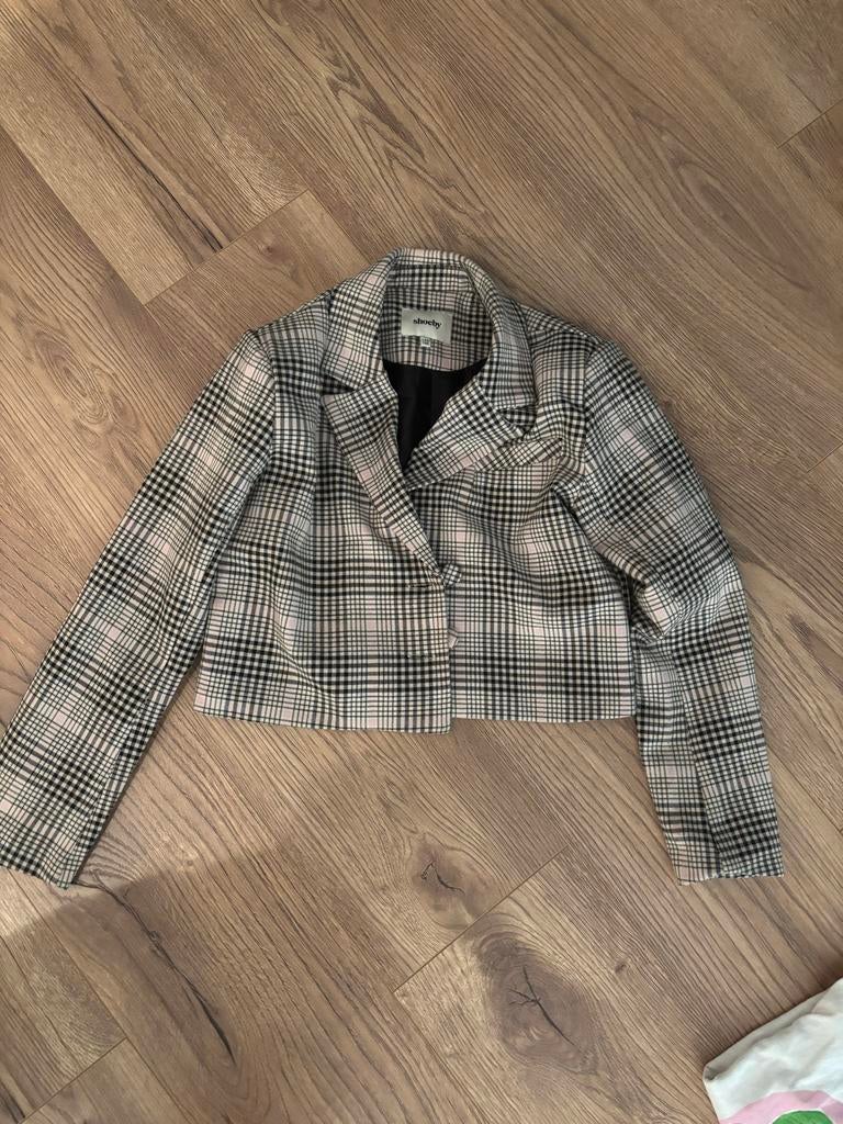 Shoeby geruite blazer zachtroze/zwart, maat 134/140, Ophalen of Verzenden, Gebruikt, Meisje, Jas