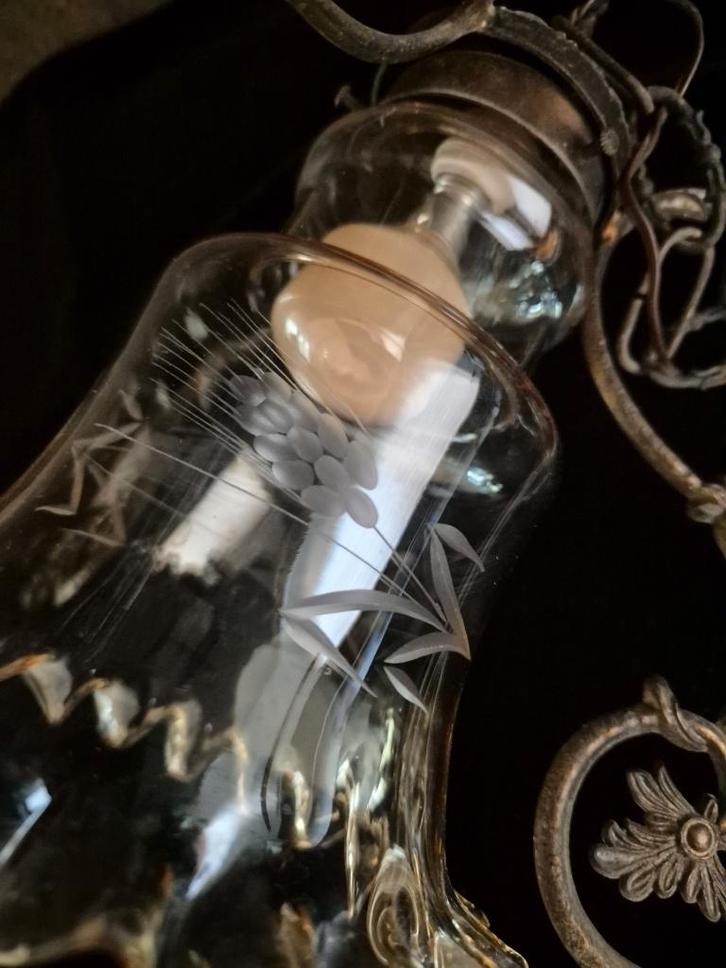 Brocante - Hanglamp - Verguld Brons - Gedecoreerd Glas., Antiek en Kunst, Antiek | Lampen, Ophalen of Verzenden