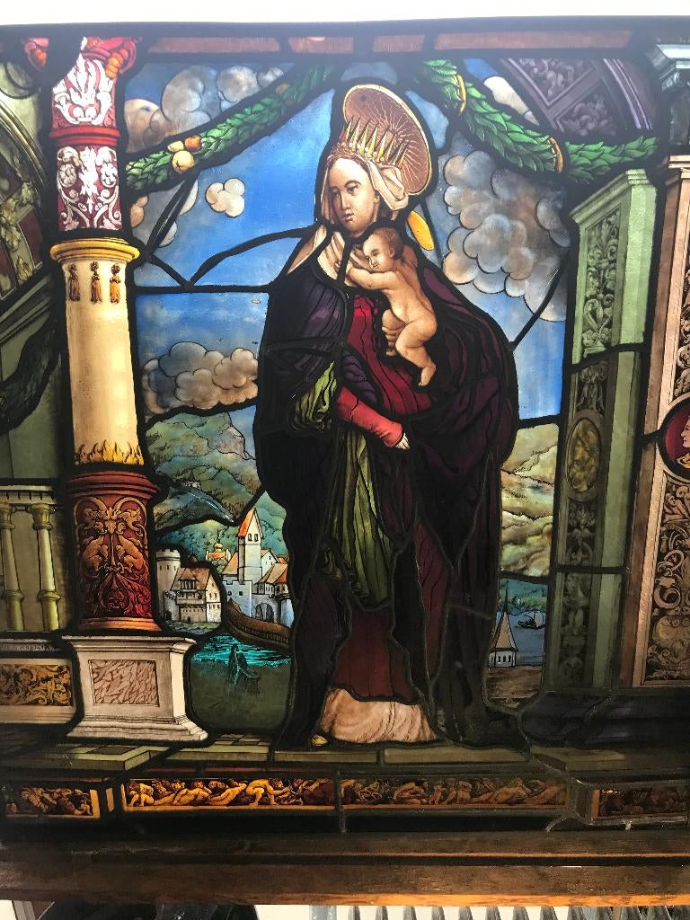 gebrandschilderd glas in loodraam religieus 1921 v. steiger, Ophalen, Gebruikt, Geen, Glas in lood