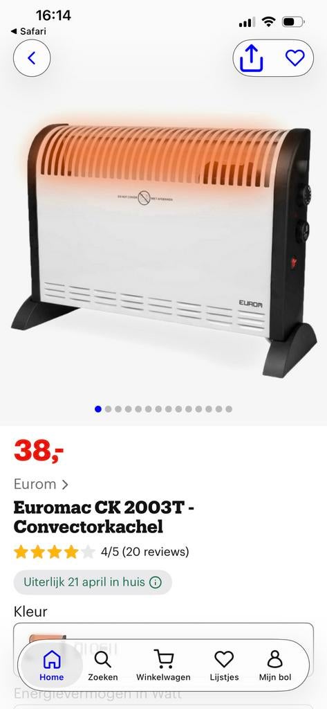 Convector kachel elektrisch, Doe-het-zelf en Verbouw, Verwarming en Radiatoren, Ophalen, 30 tot 80 cm, Minder dan 60 cm, Kachel