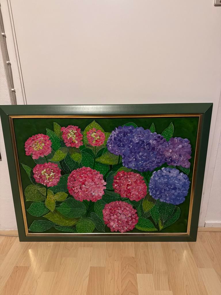 Prachtig schilderij met hortensia's en fraaie lijst, Antiek en Kunst, Ophalen of Verzenden