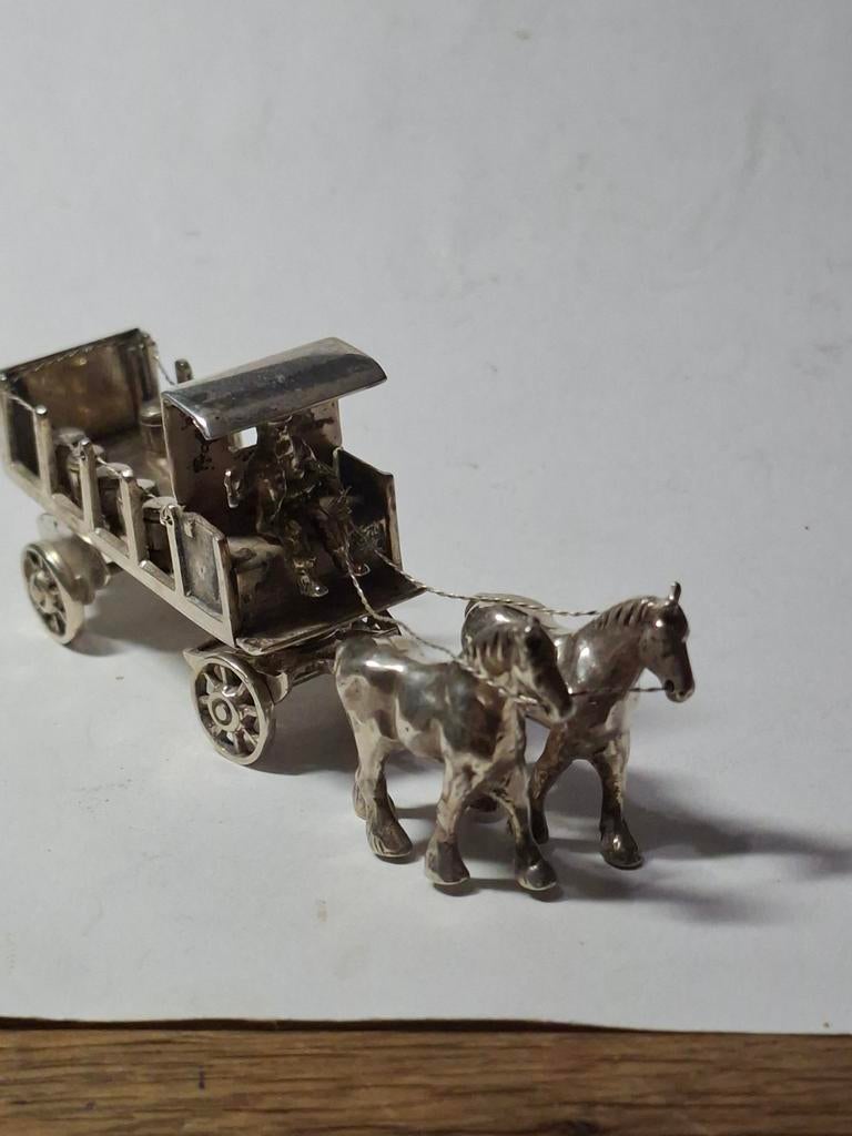 Zilver miniatuur paard wagen  tonnen zware uitvoering 77 gr, Ophalen