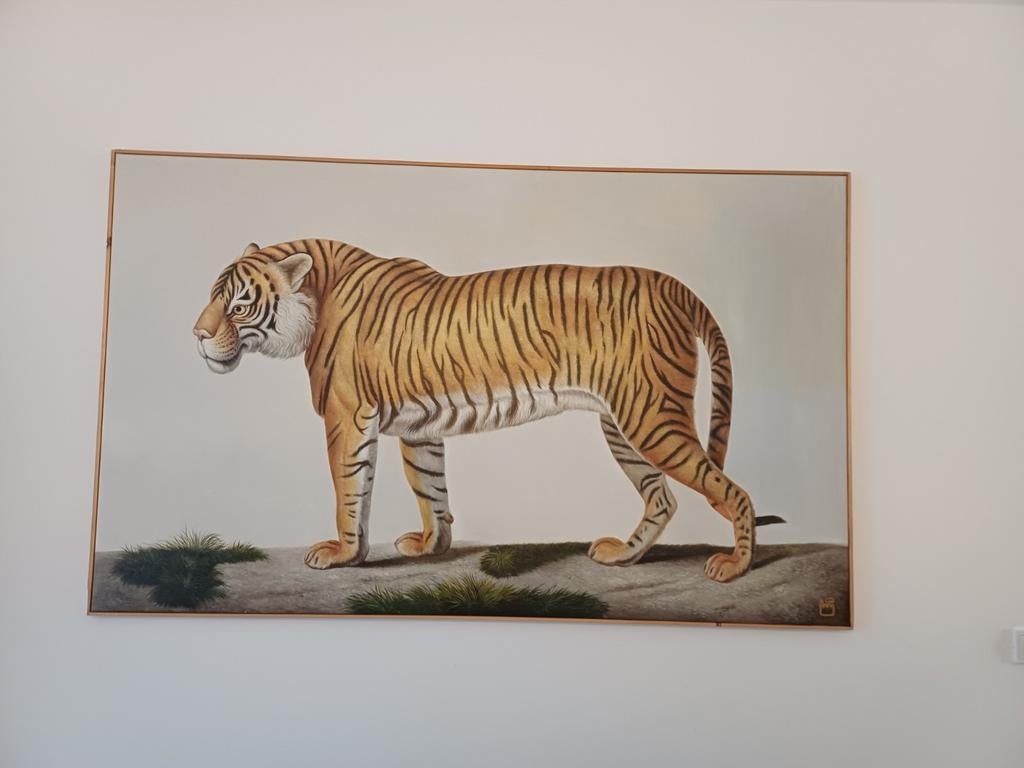 Zeer groot olieverf schilderij met tijger - Uniek werk !, Ophalen