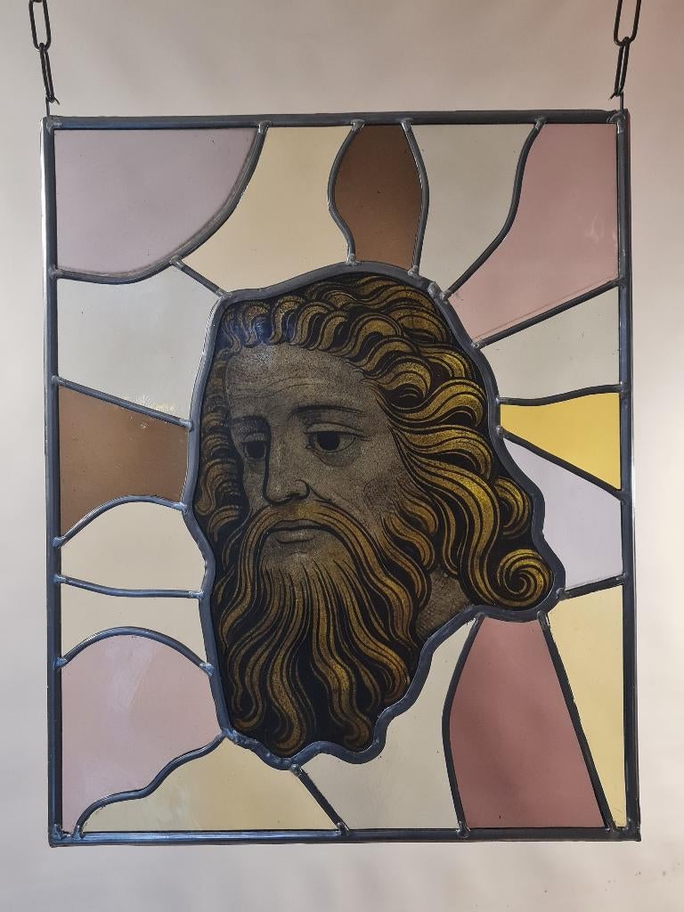 Glas in lood handgemaakt voorzetraam met antieke oud hoofd., Doe-het-zelf en Verbouw, Glas en Ramen, Ophalen, Gevelraam of Ruit