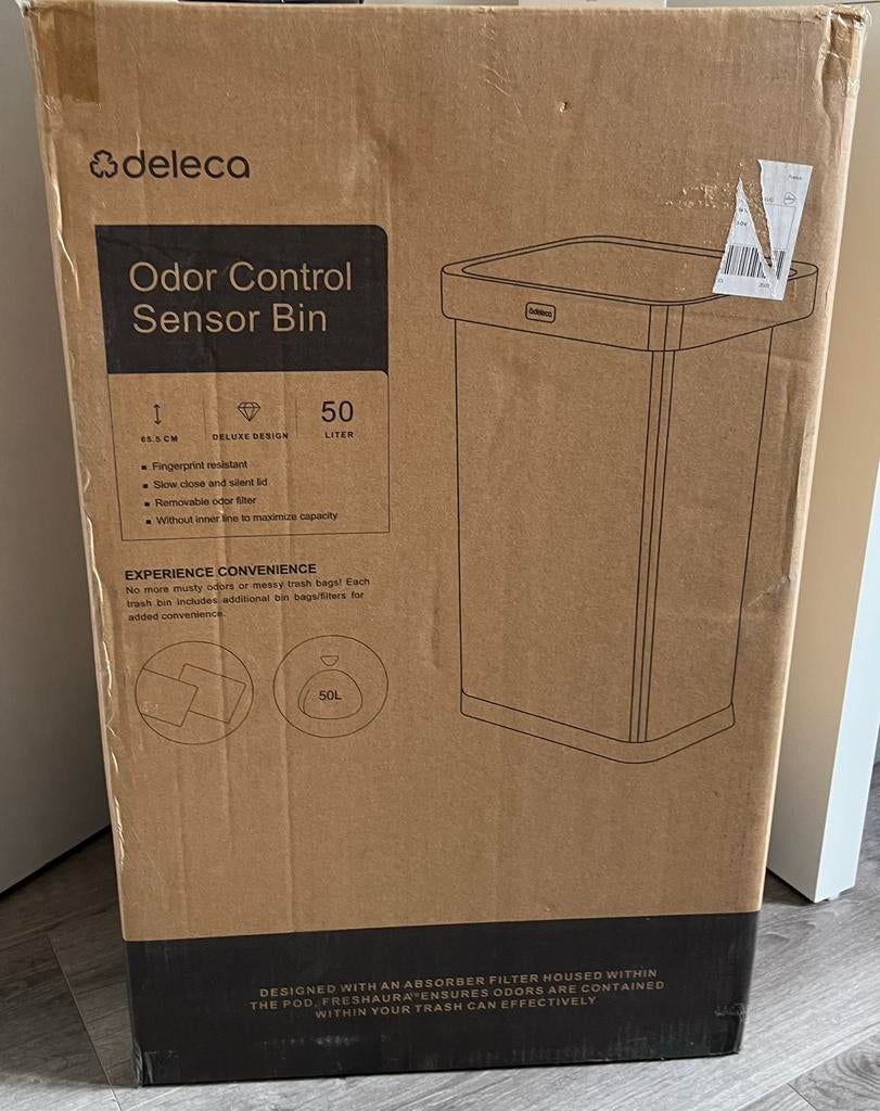 Deleca prullenbak met sensor 50 liter nieuw in doos, 40 liter of meer, Ophalen of Verzenden, Nieuw, Rvs