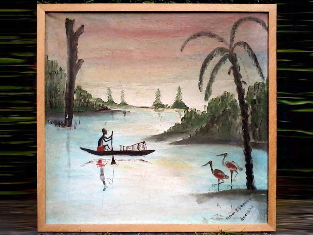 Afrikaans schilderij c60jr oud? 62cm Ngoi P Damien Afrika i0, Ophalen of Verzenden