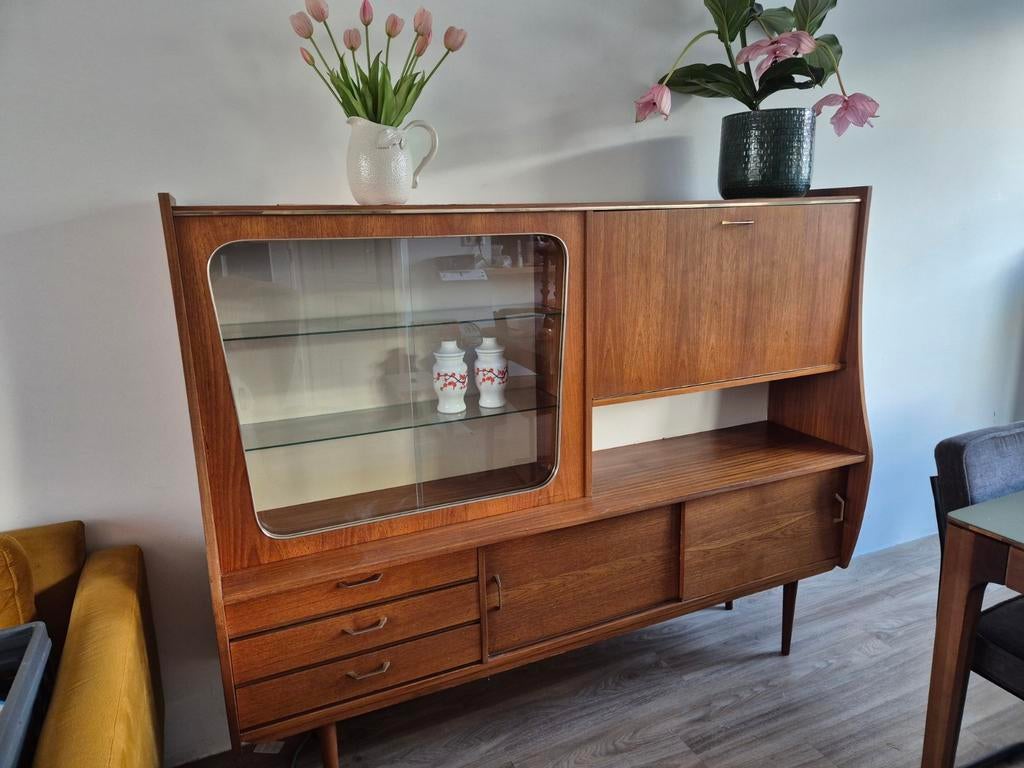 Vintage high board wandkast met gouden accenten, Ophalen, Gebruikt, 25 tot 50 cm, 50 tot 100 cm