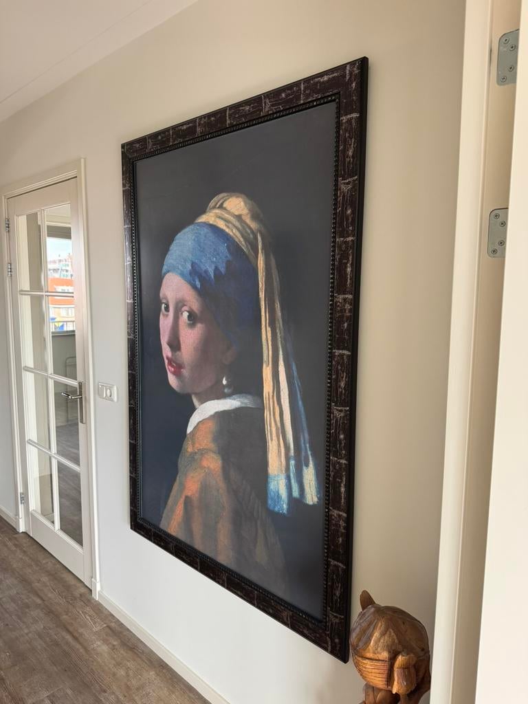 Grote ingelijste poster meisje met de parel, Huis en Inrichting, Ophalen, Zo goed als nieuw, Foto of Poster, 75 cm of meer