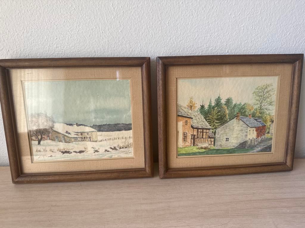 Twee ingelijste aquarellen van landschappen JMartin, Antiek en Kunst, Kunst | Schilderijen | Klassiek, Ophalen of Verzenden