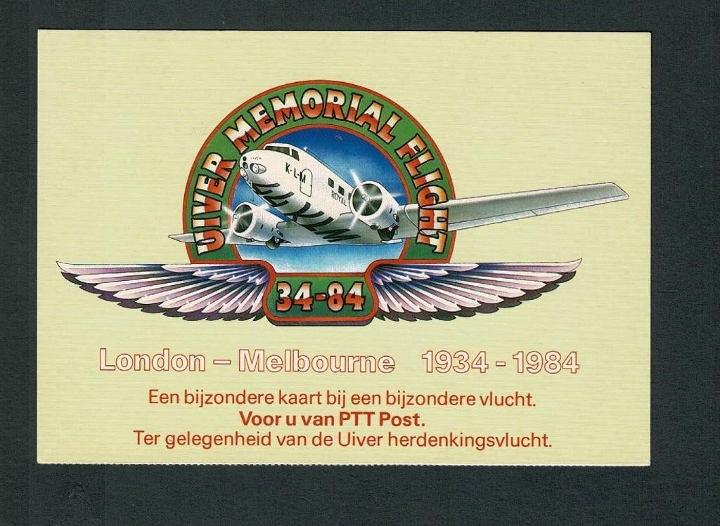Luchtvaart : t.h. UIVER bijzondere vlucht PTT Post 1984, Verzamelen, Luchtvaart en Vliegtuigspotten, Verzenden, Gebruikt, Kaart, Foto of Prent
