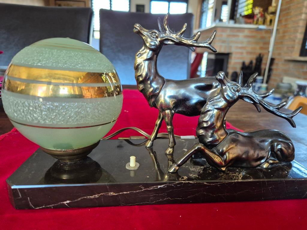 Schouwstuk Frankrijk / lamp / marmer / 2 bronzen herten =43=, Antiek en Kunst, Ophalen of Verzenden