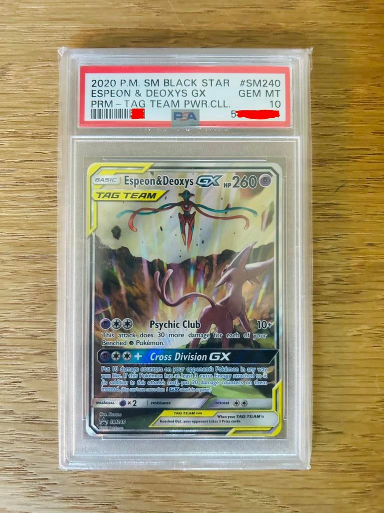 PSA 10 Espeon & Deoxys GX - Tag Team Alt Art Blackstar Promo, Hobby en Vrije tijd, Verzamelkaartspellen | Pokémon, Ophalen of Verzenden