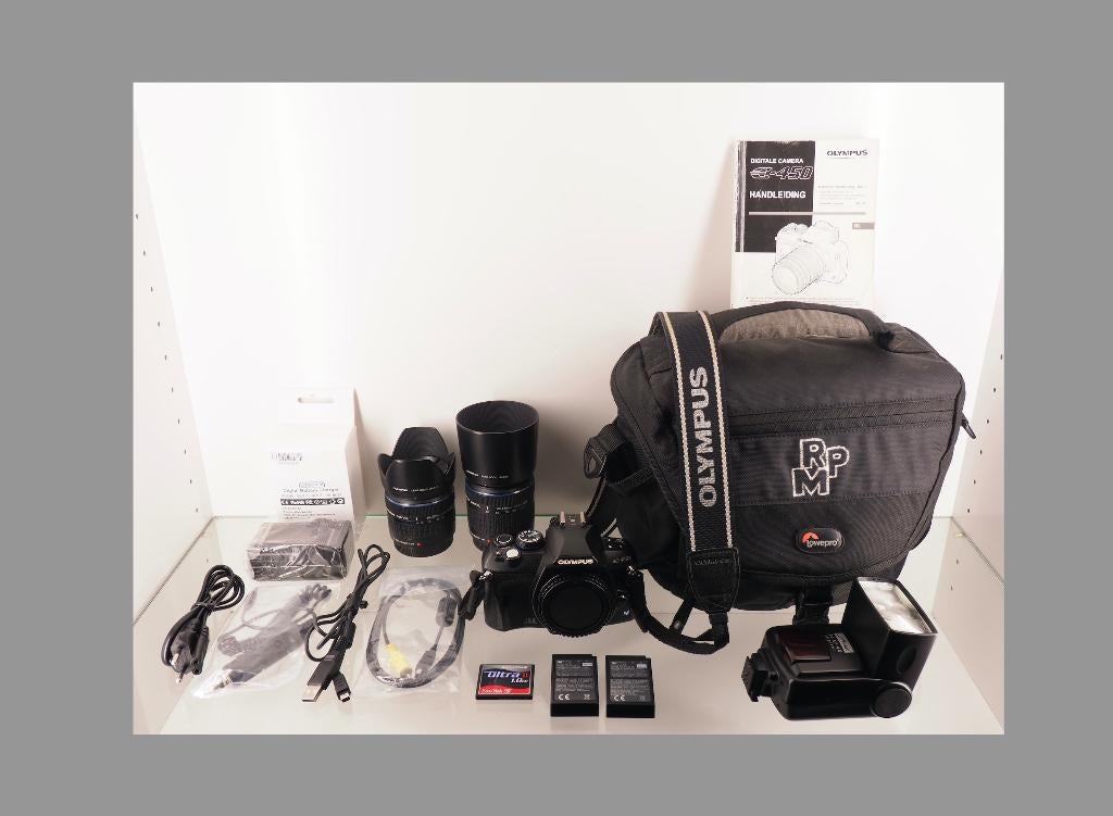 Fotografica: Olympus E-450 met 14-42 / 40-150 flitser en tas, Ophalen of Verzenden, Fototoestel