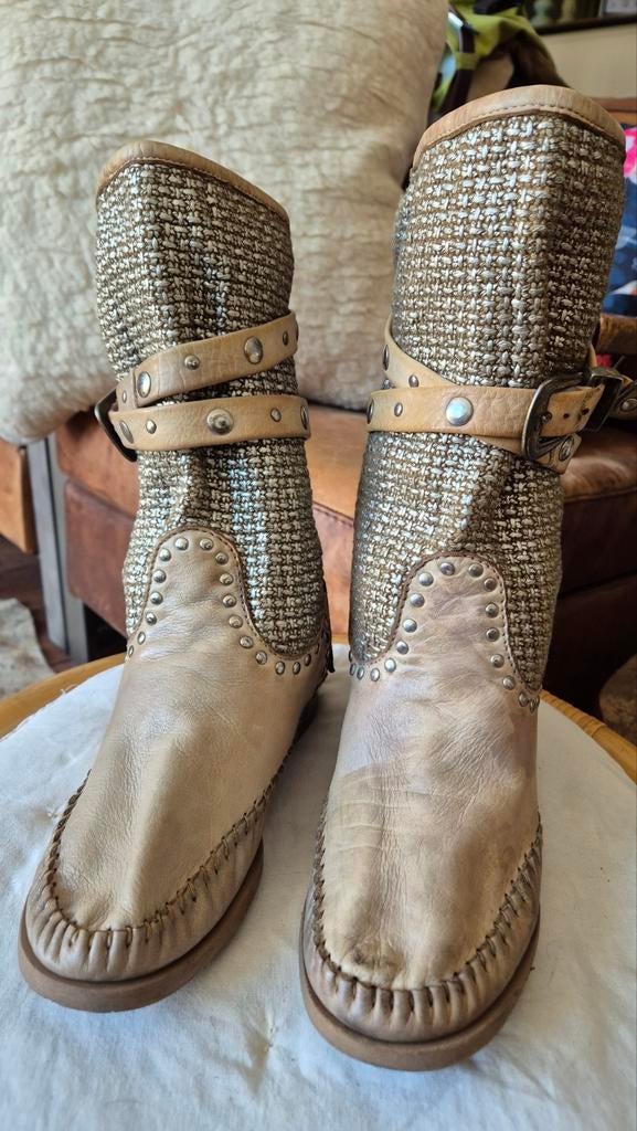 Karma of Charme laarzen bruin leer met goud/ zilver mt 38, Kleding | Dames, Schoenen, Hoge laarzen, Bruin, Ophalen of Verzenden